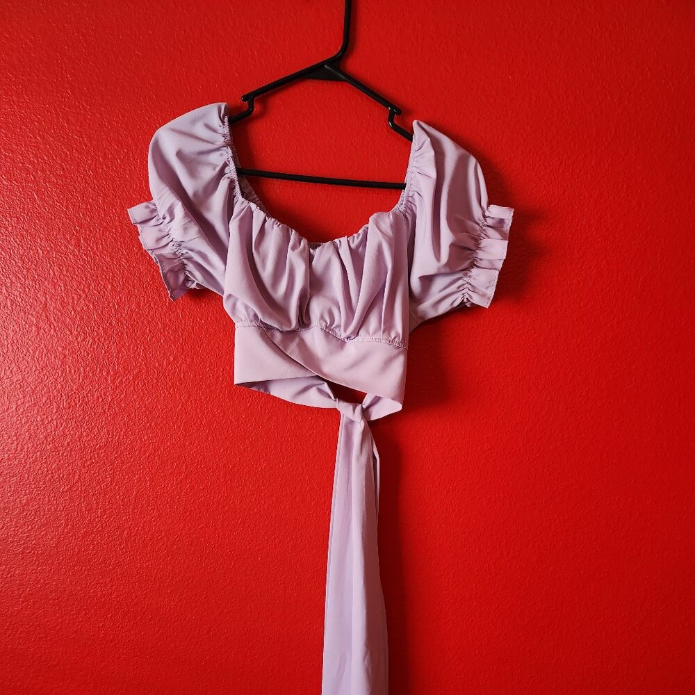 Women's Ruffle Short Sleeve Tie Up Back Crop Top Off Shoulder Bardot Blouse- L